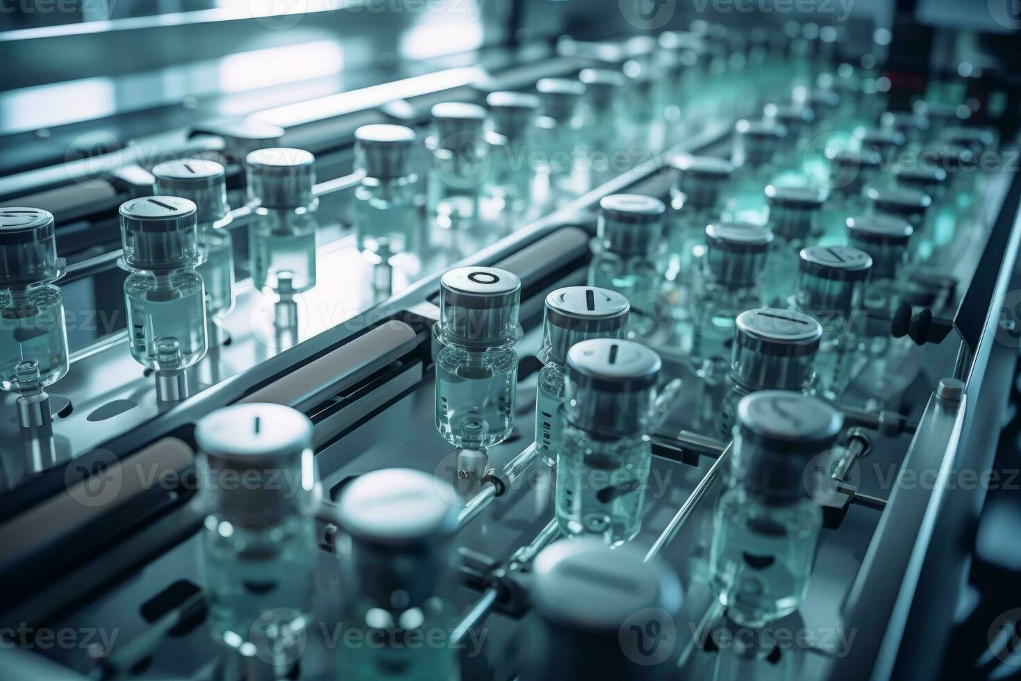 An overhead shot of a conveyor belt system in the factory, showcasing vials of vaccines being filled, capped, and labeled with precision. Generative Ai photo