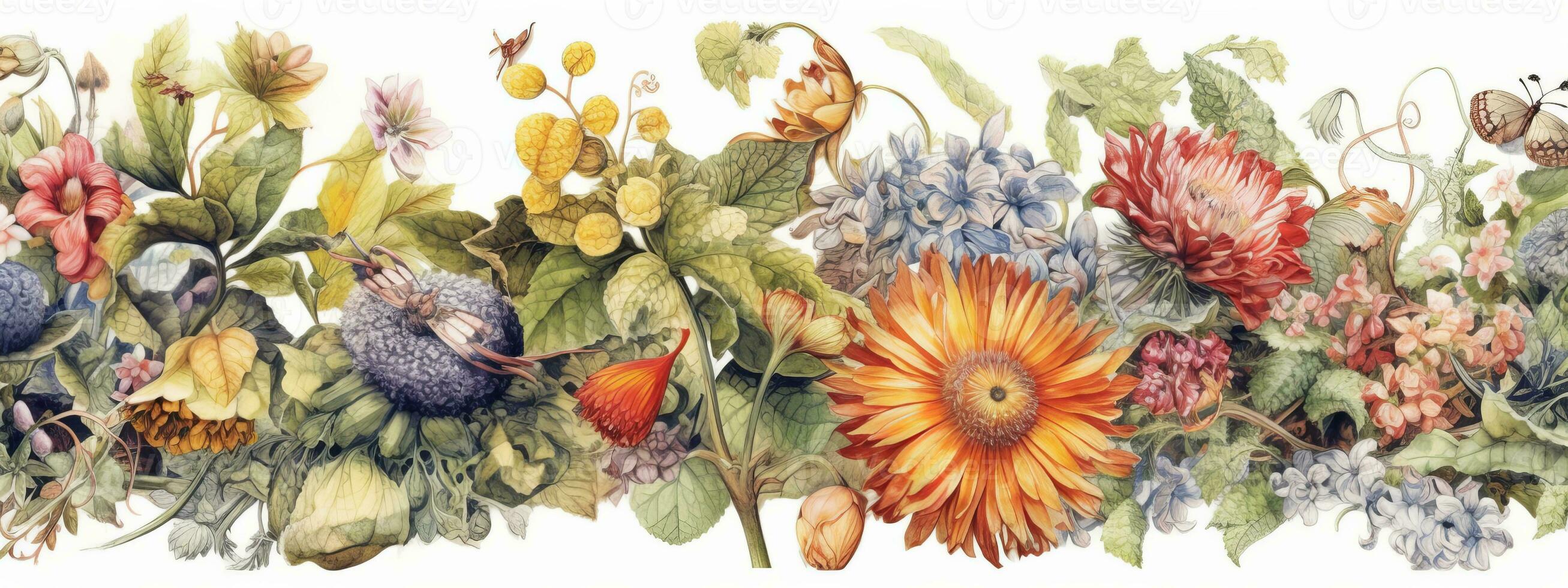 An intricate botanical banner illustration, featuring various types of flowers and foliage woven together to form an elaborate and visually stunning pattern. Generative AI photo