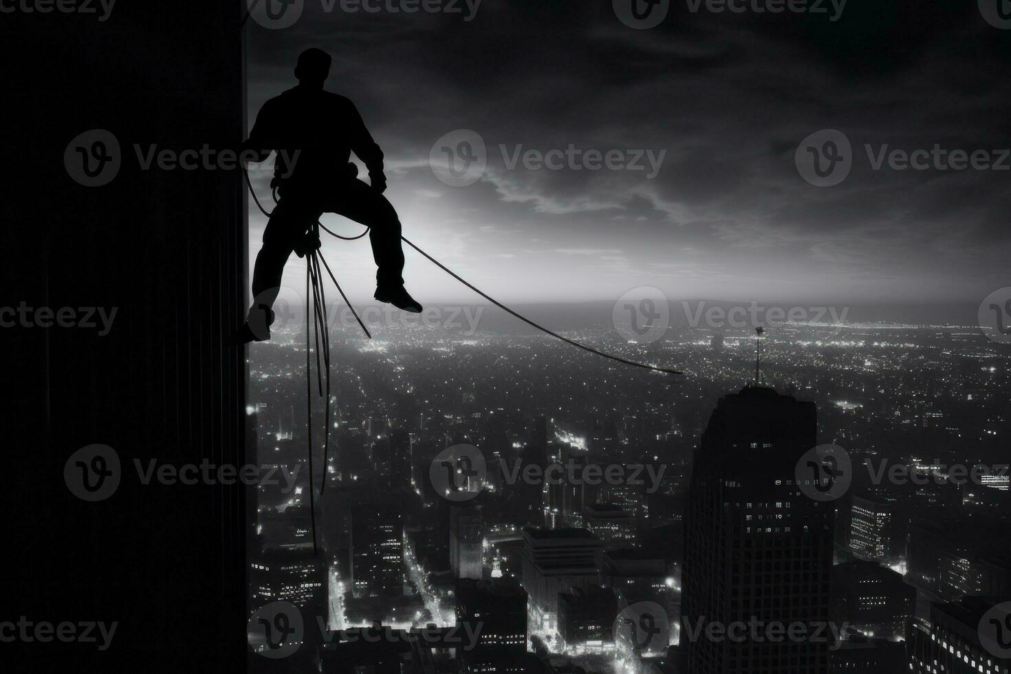 Hitman scaling a tall building, using ropes and climbing gear, with a cityscape in the background, evoking a sense of danger and stealth. Generative AI photo