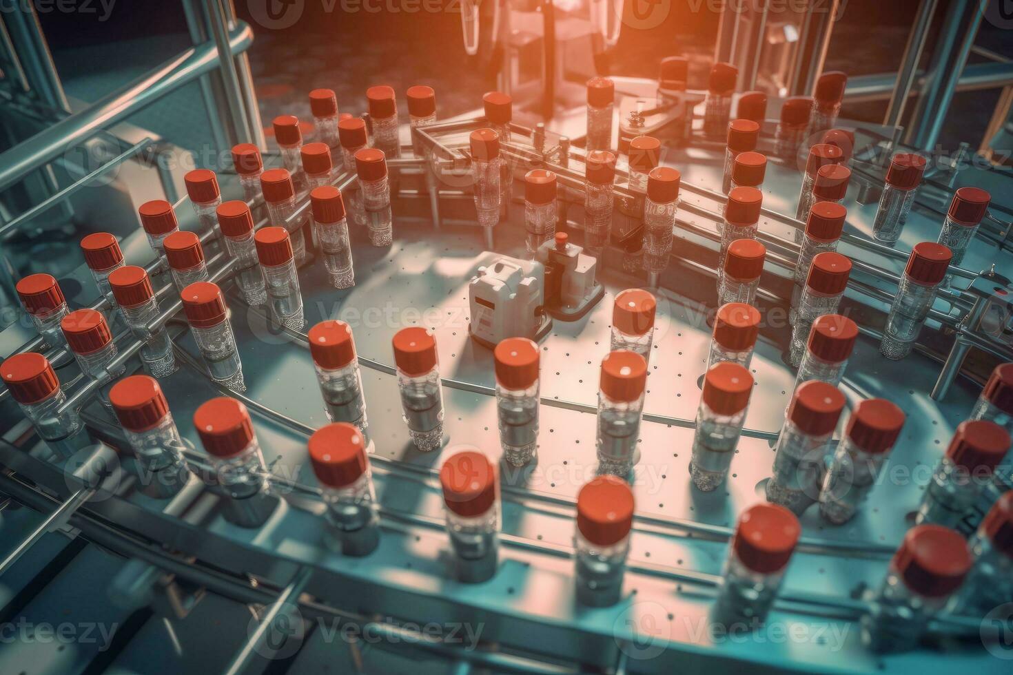An overhead shot of a conveyor belt system in the factory, showcasing vials of vaccines being filled, capped, and labeled with precision. Generative Ai photo