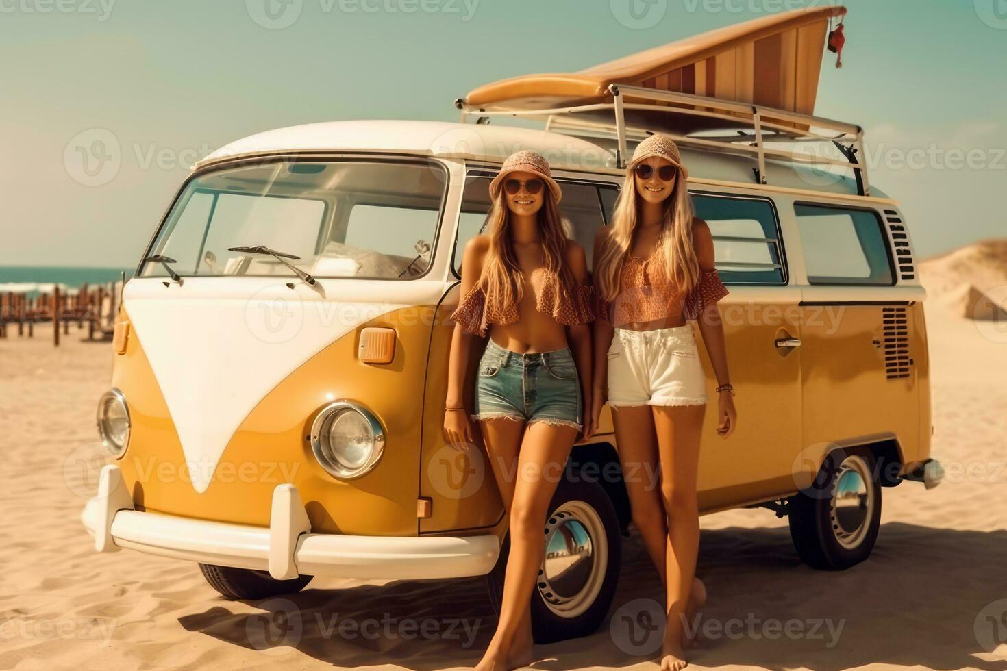Beach lifestyle surfer girls with vintage surf van in background. Generative Ai photo