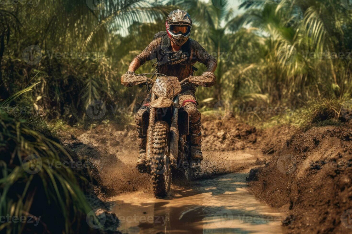 Motocross in mud cloud with forest on background. Biker rider in action. Generative AI photo