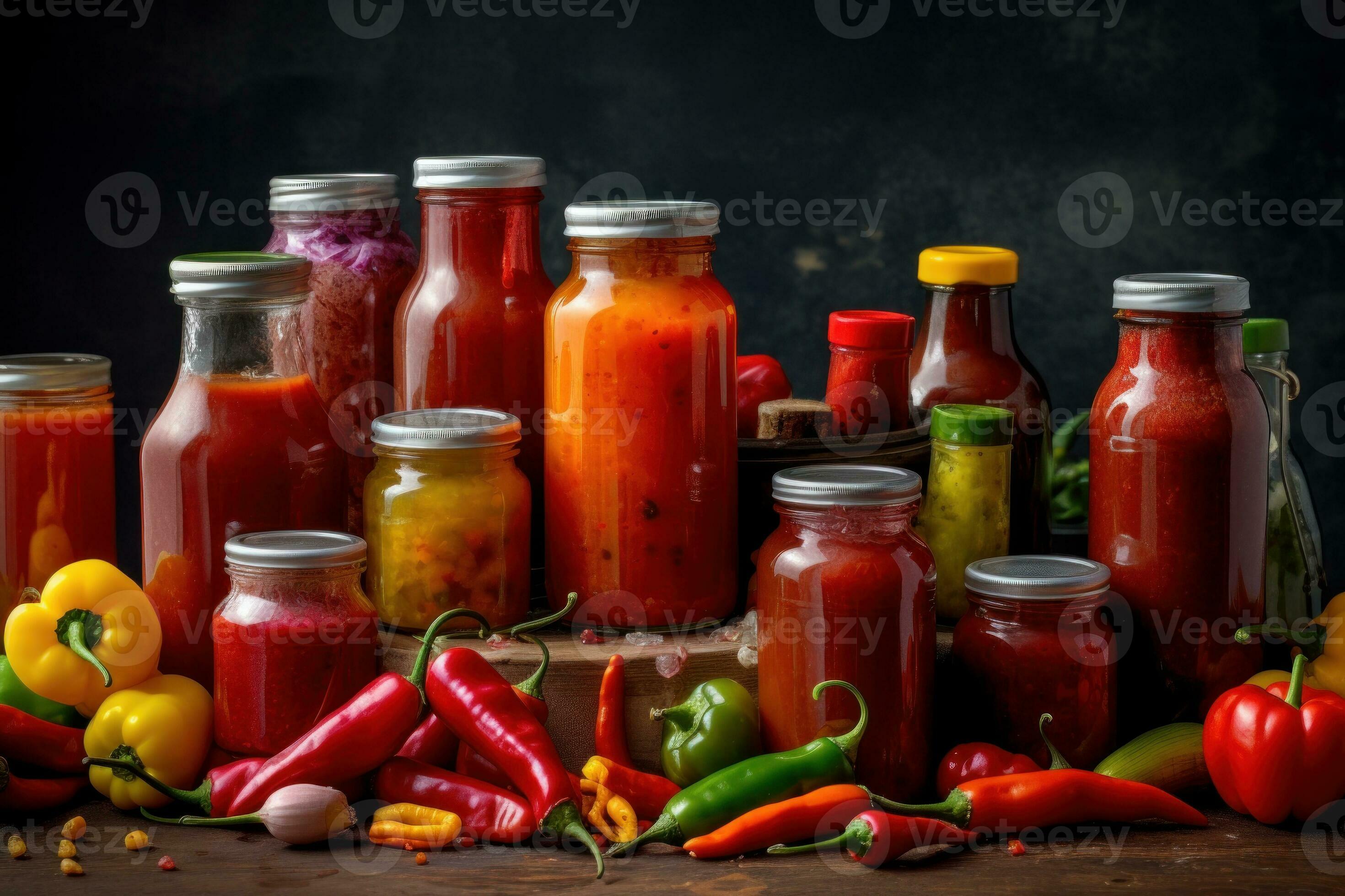 Bottles of hot sauce, chili peppers, ketchup, mustard and sriracha mixed with jars of jams