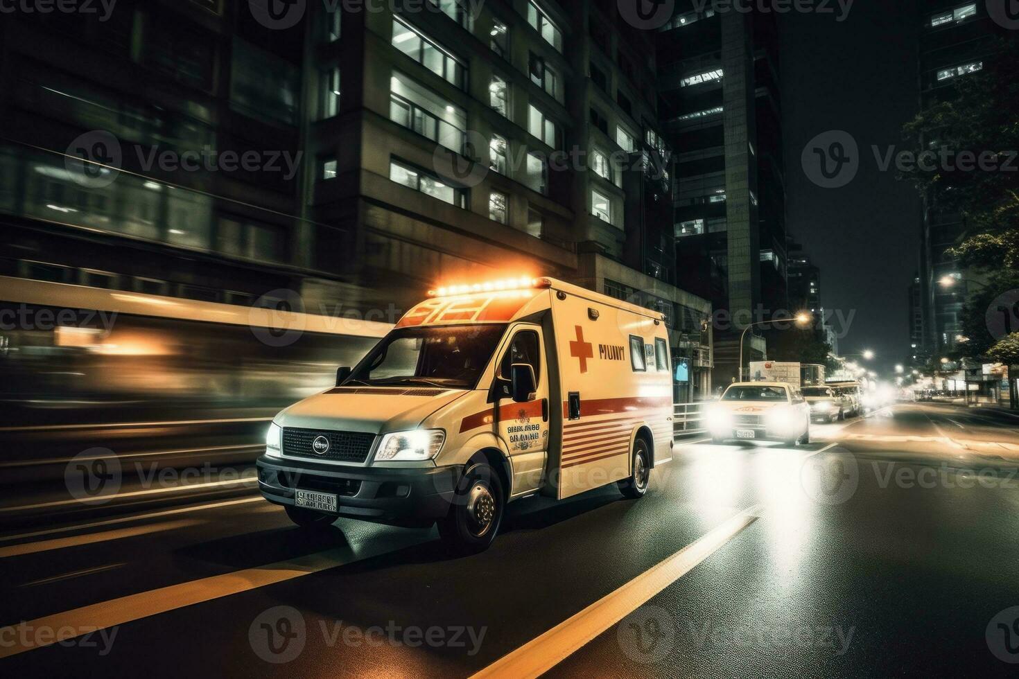 Front view of an Ambulance full speed in the city, responds to emergency calling at night. Generative AI photo