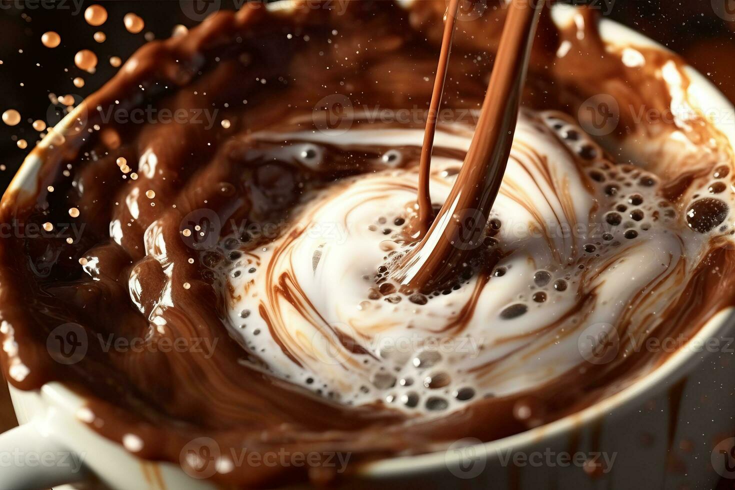 Close-up image of a hot cup of cocoa being poured, capturing the swirling motion and the splashes of chocolate as it fills the cup. Generative AI photo