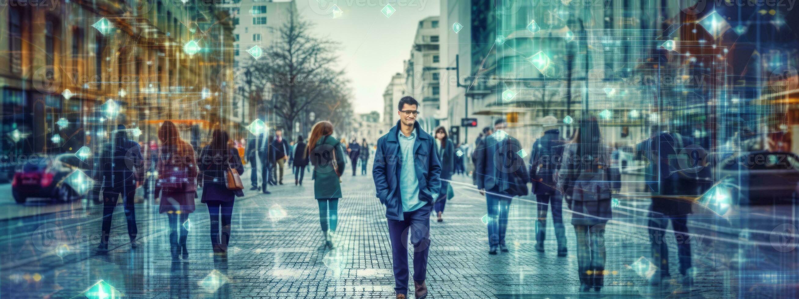 City scene face detection and recognition of citizens, people, artificial intelligence collects and analyzes human data. Biometric identification, futuristic cyber security. Generative AI photo