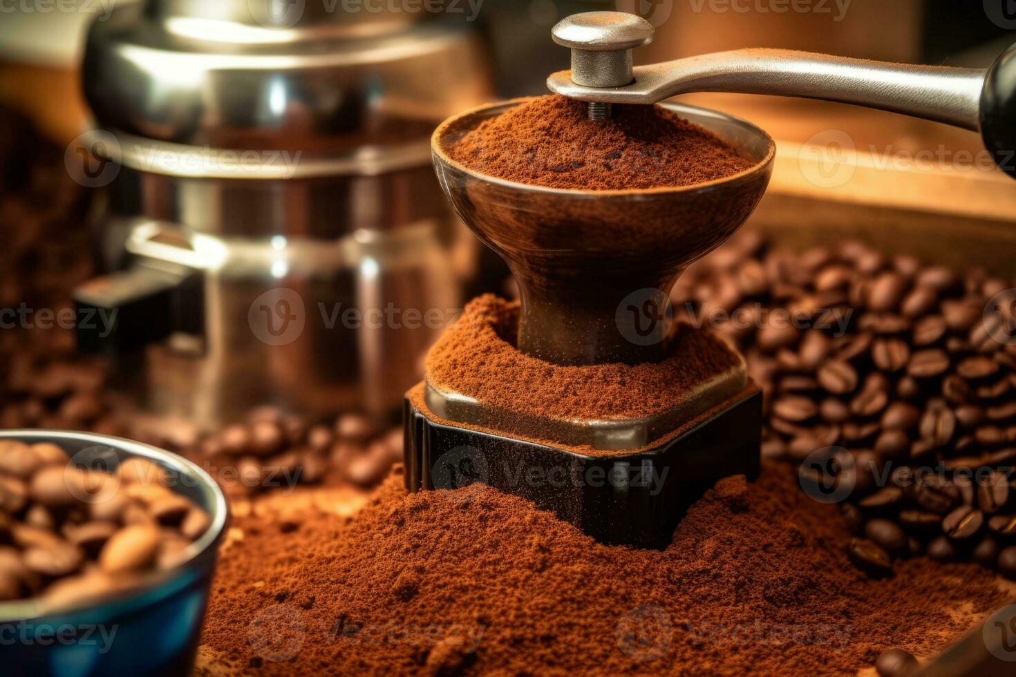 Close-up of a coffee grinder in action, with coffee beans being transformed into a fine powder. Generative Ai photo