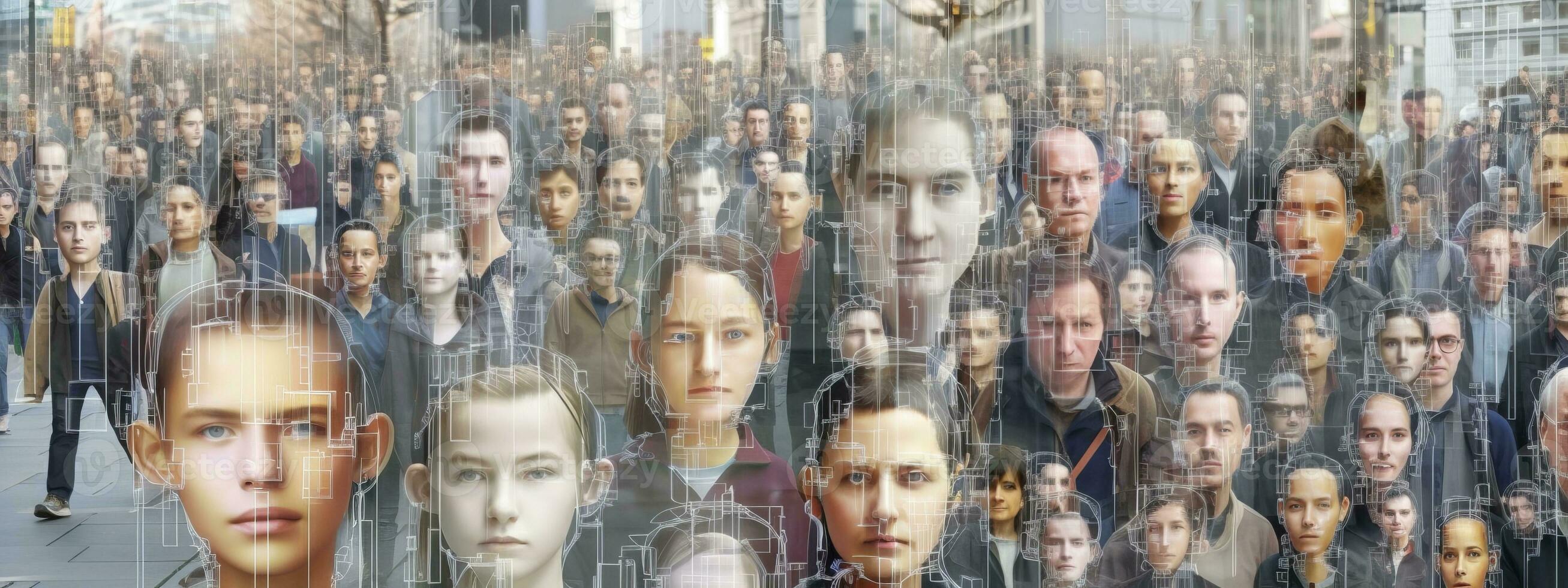 City scene face detection and recognition of citizens, people, artificial intelligence collects and analyzes human data. Biometric identification, futuristic cyber security. Generative AI photo