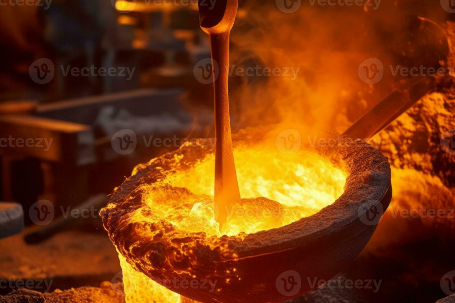 Close-up of molten steel being poured from a ladle, capturing the intense heat and fluidity of the metal. Generative AI photo