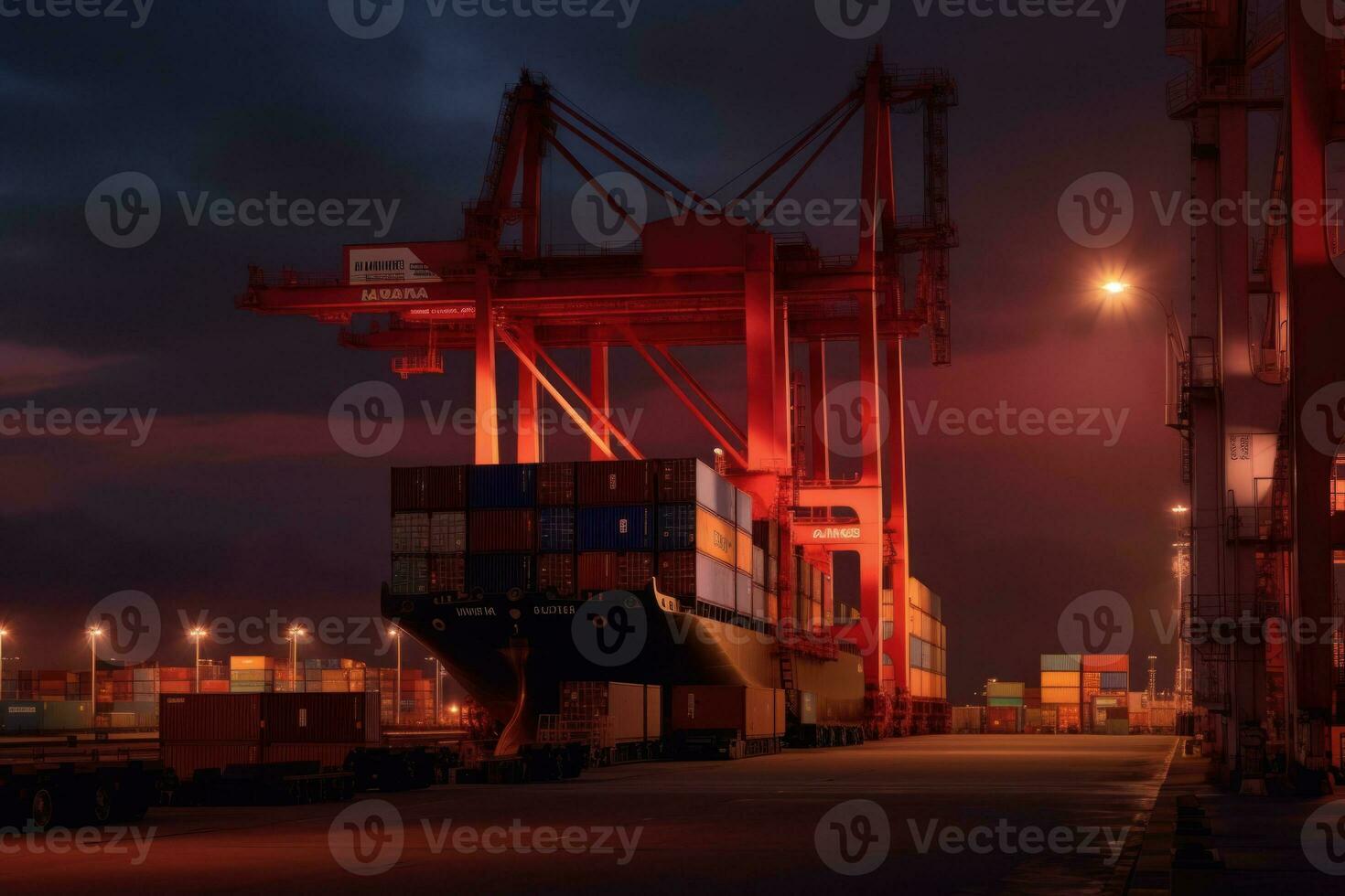Containers loading by crane in the twilight. Concept of business and industry import export. shipping, logistics, international trade. Generative AI photo
