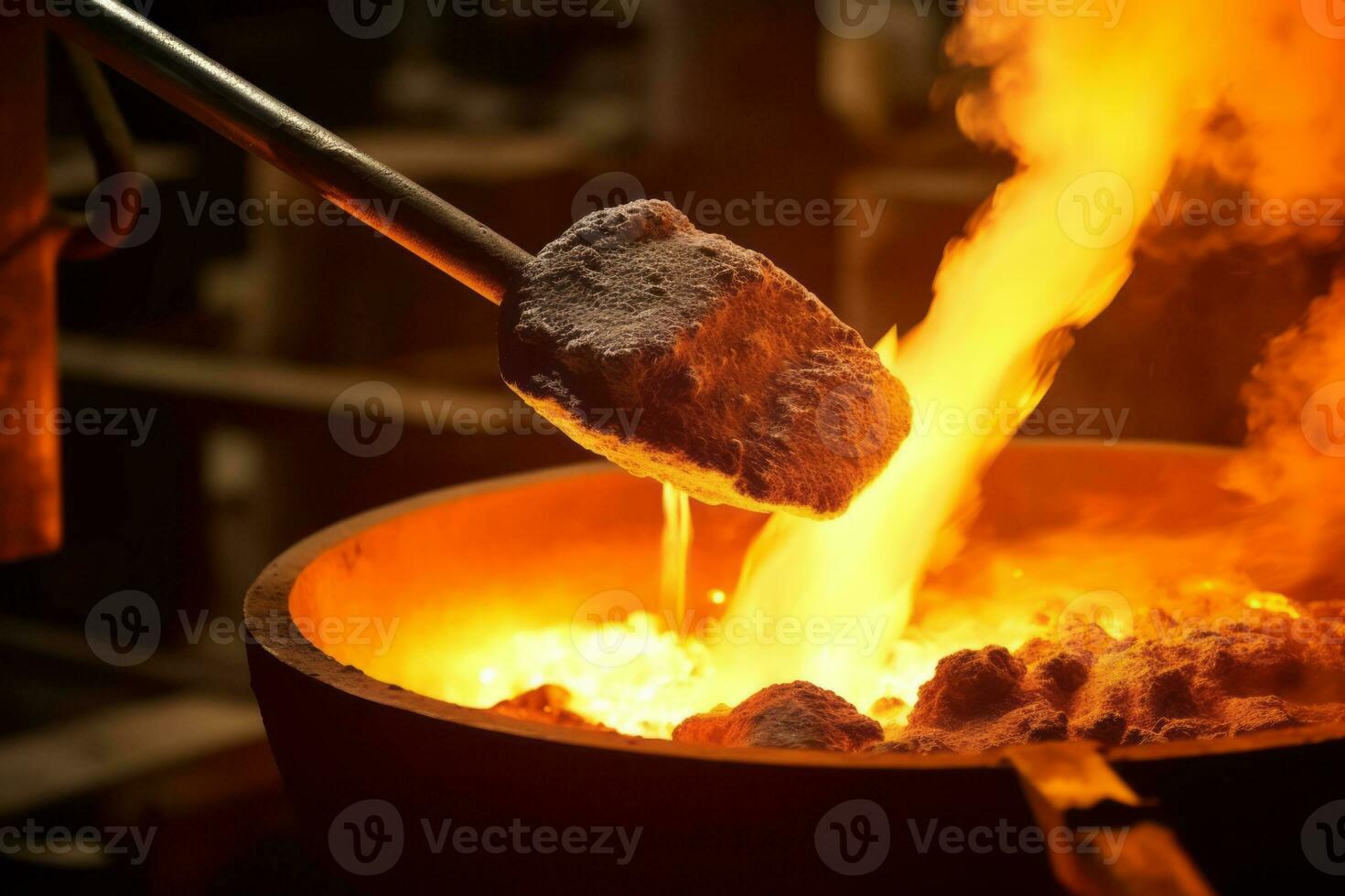 Close-up of molten steel being poured from a ladle, capturing the intense heat and fluidity of the metal. Generative AI photo