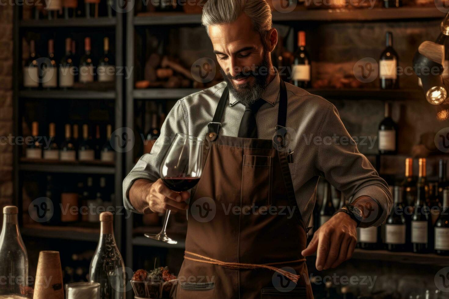 Photo of a male sommelier in a brown apron standing in the cellar and pouring wine into a glass. Generative AI