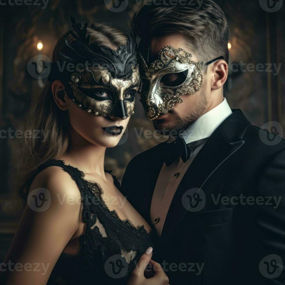 Elegant couple wearing Venetian masks at a masquerade ball, evoking the mysterious atmosphere. Generative AI photo