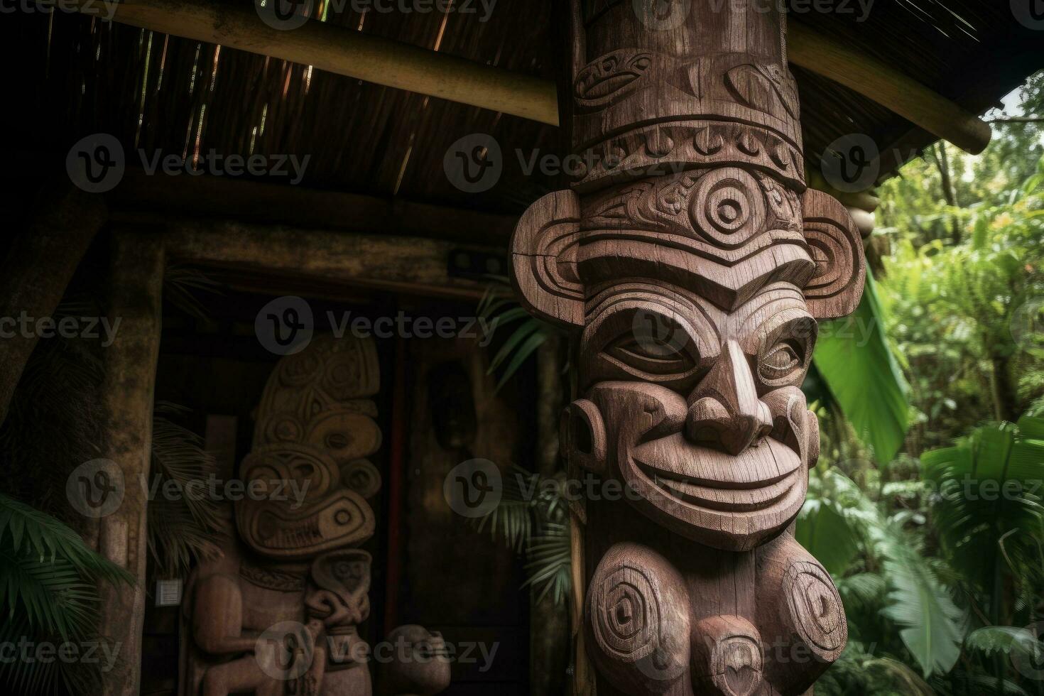 Cultural wooden carvings, like tikis, board paddles or canoe prows and sterns arranged artfully around a thatched roof hut. Generative AI photo