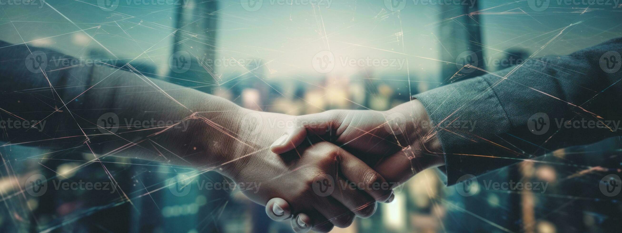 Double exposure of businesmans male hands shaking hands after effective negotiation showing mutual respect. Business banner concept. Generative AI photo