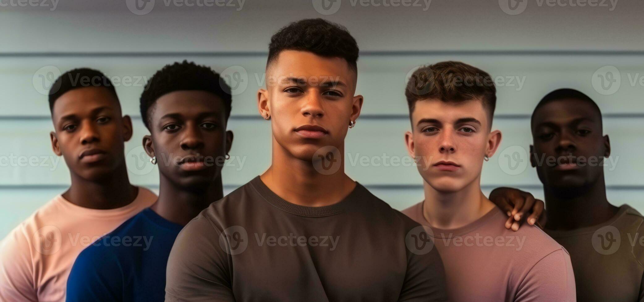 Portrait of a multiracial group of young men standing in a studio. Generative AI photo