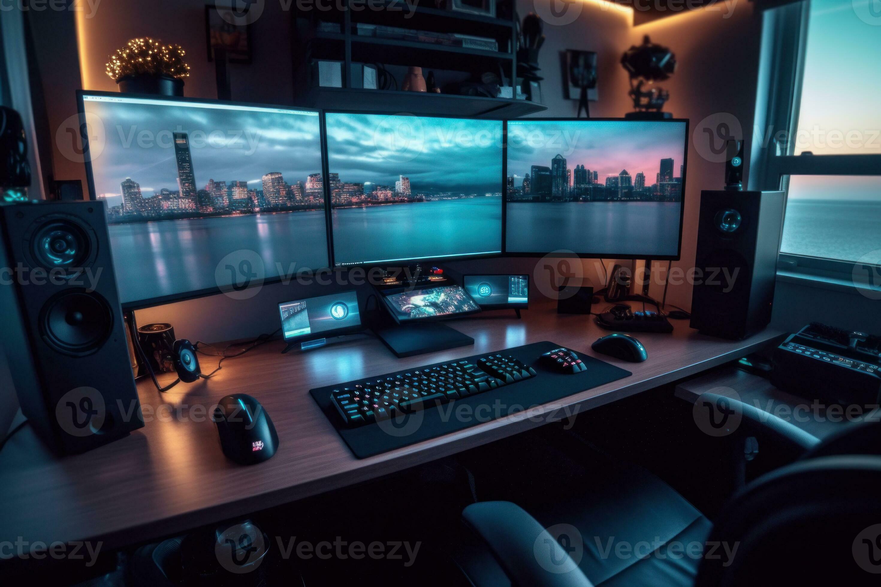 Gen z essential workplace setup including multi monitor desktop