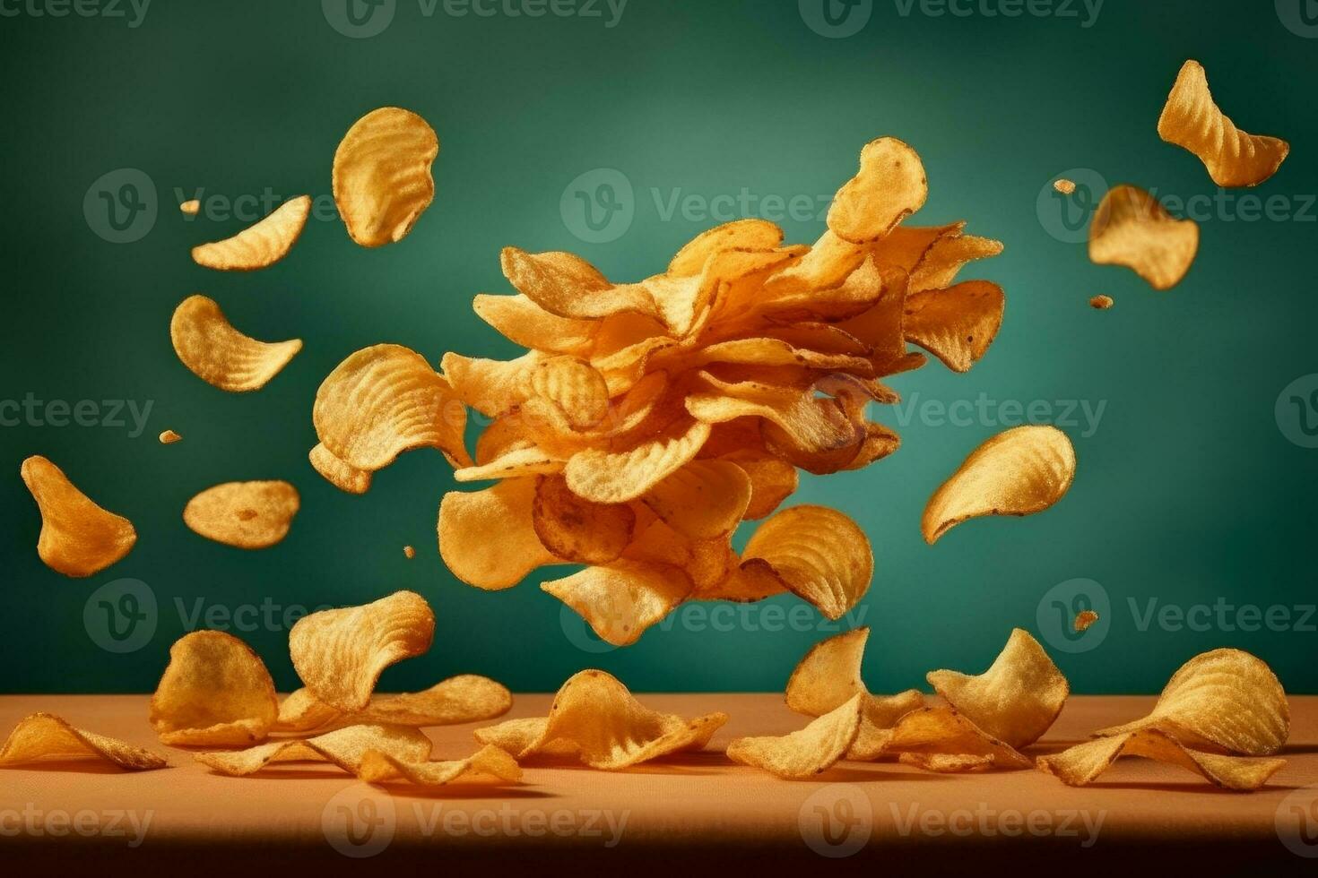 Flying and falling crispy wavy potato chips. Generative AI photo