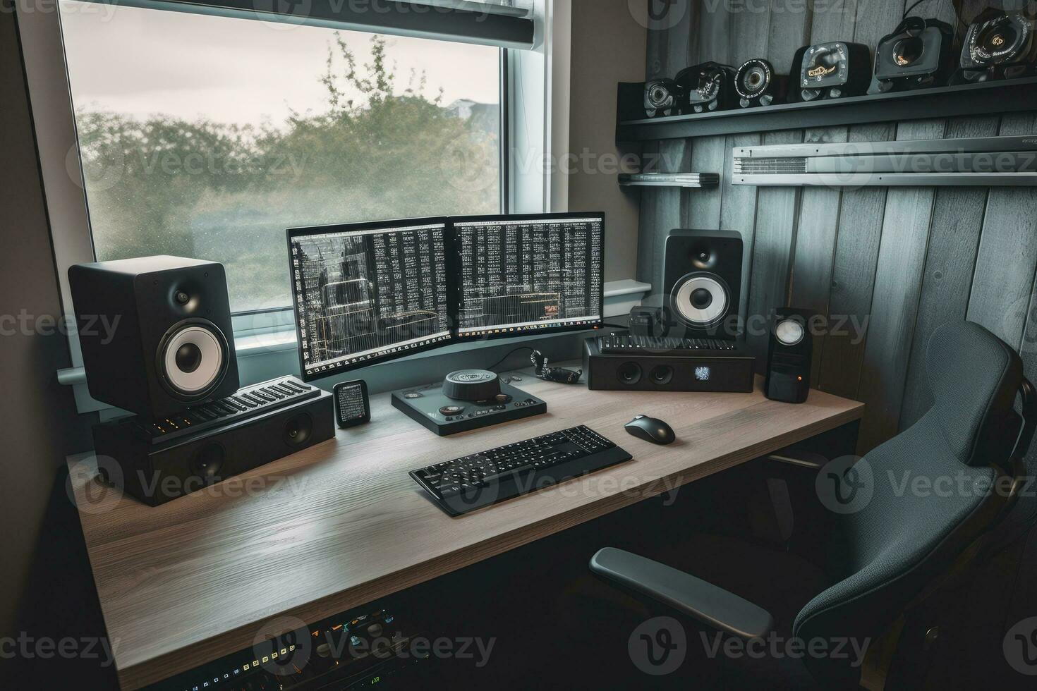 Gen z essential workplace setup including multimonitor desktop computer