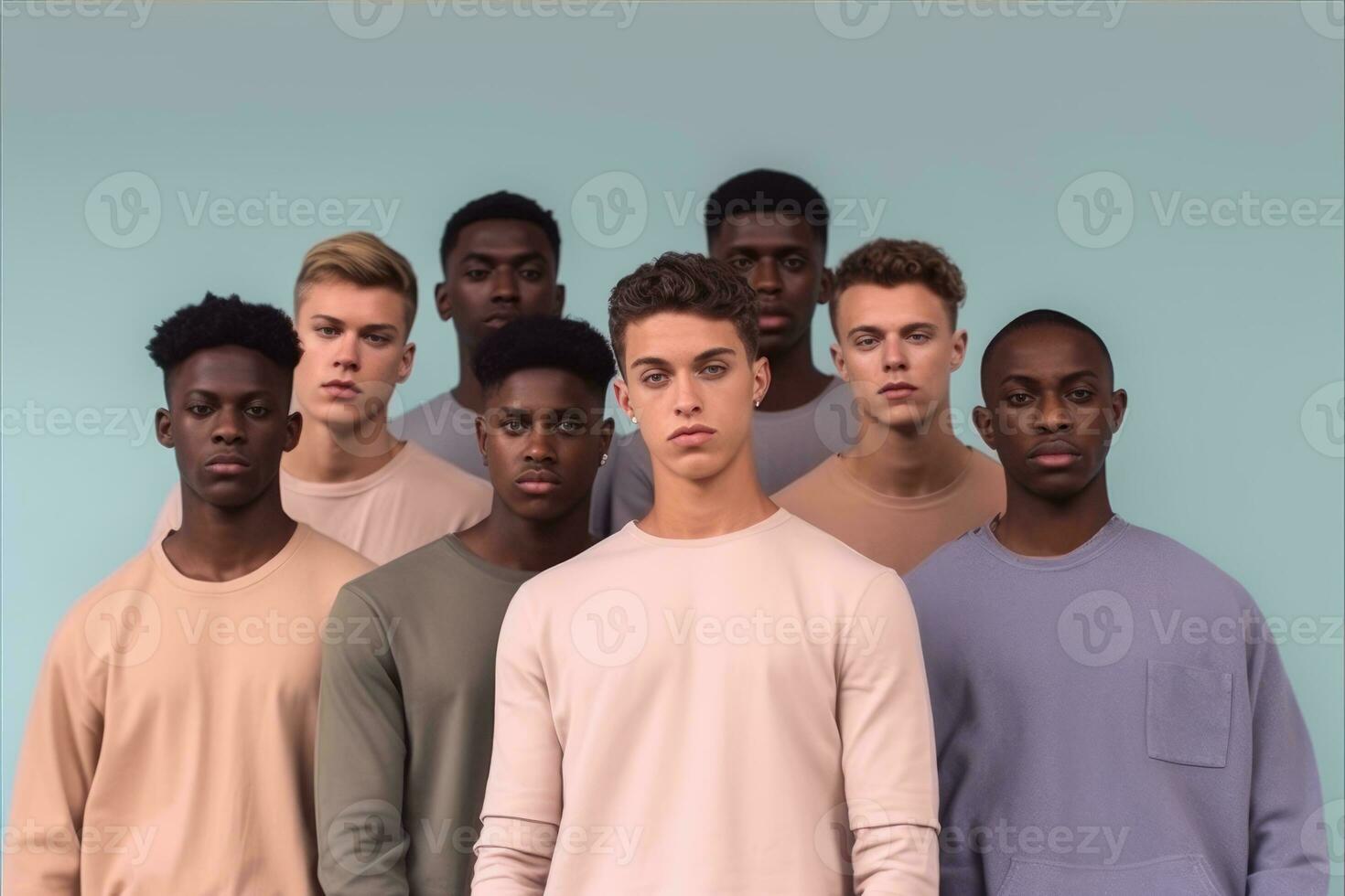 Portrait of a multiracial group of young men standing in a studio. Generative AI photo
