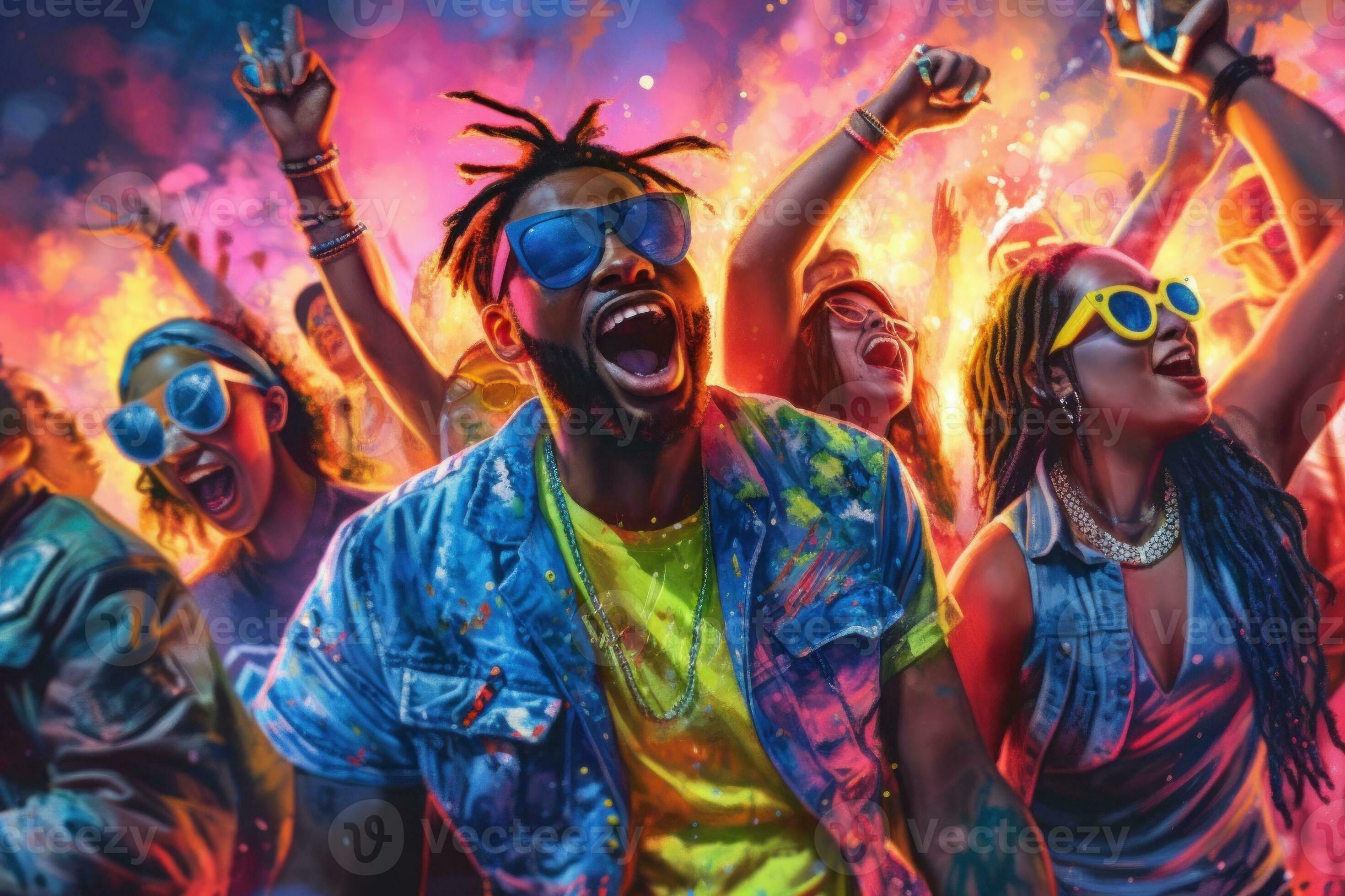 Group of young people wearing neon clothes and sunglasses dancing at a rave  party in front of a DJ booth with colorful lights and smoke effects in the  background. 31549324 Stock Photo