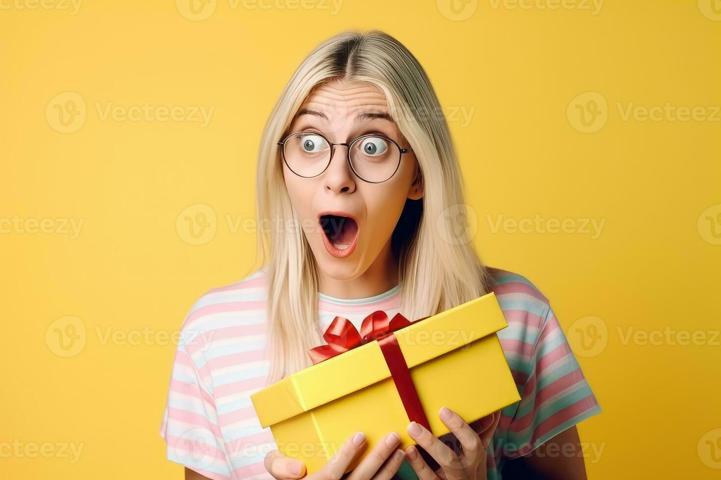 Happy surprised beautiful woman opening a gift box on a neutral pastel background. Generative Ai photo