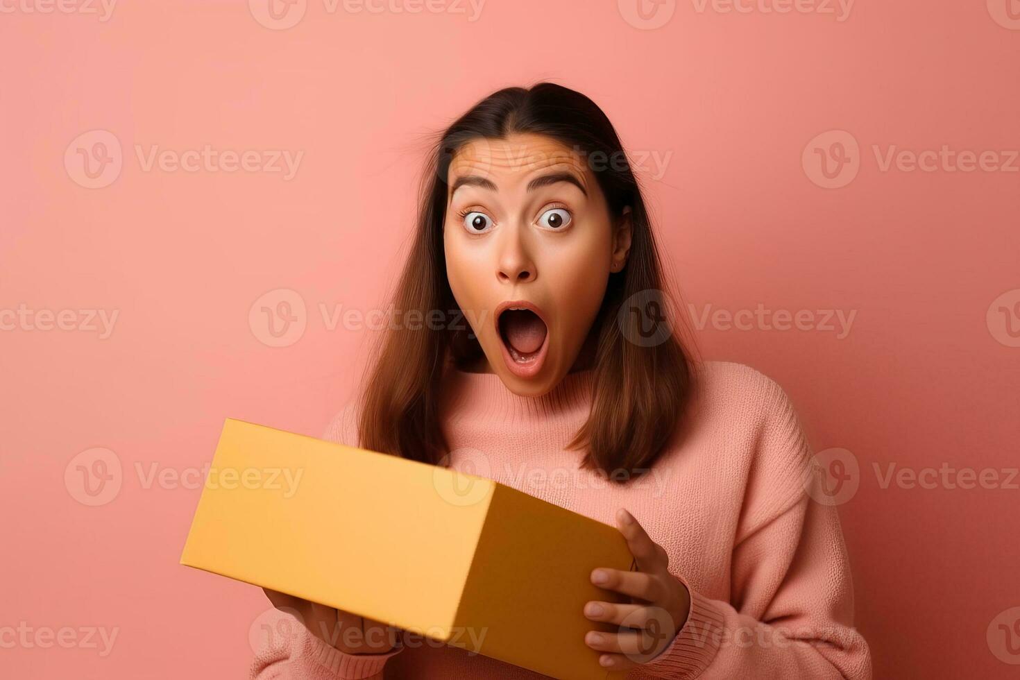 Happy surprised beautiful woman opening a gift box on a neutral pastel background. Generative Ai photo