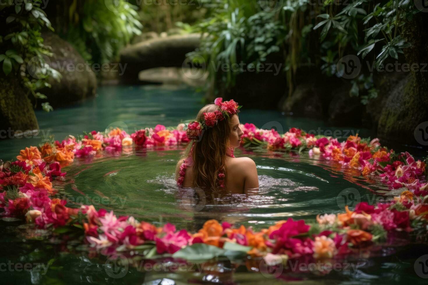 Hibiscus flowers fashioned into a garland necklace nearly obscuring a woman in a waterfall pool, streaming red and pink against verdant greenery. Generative AI photo