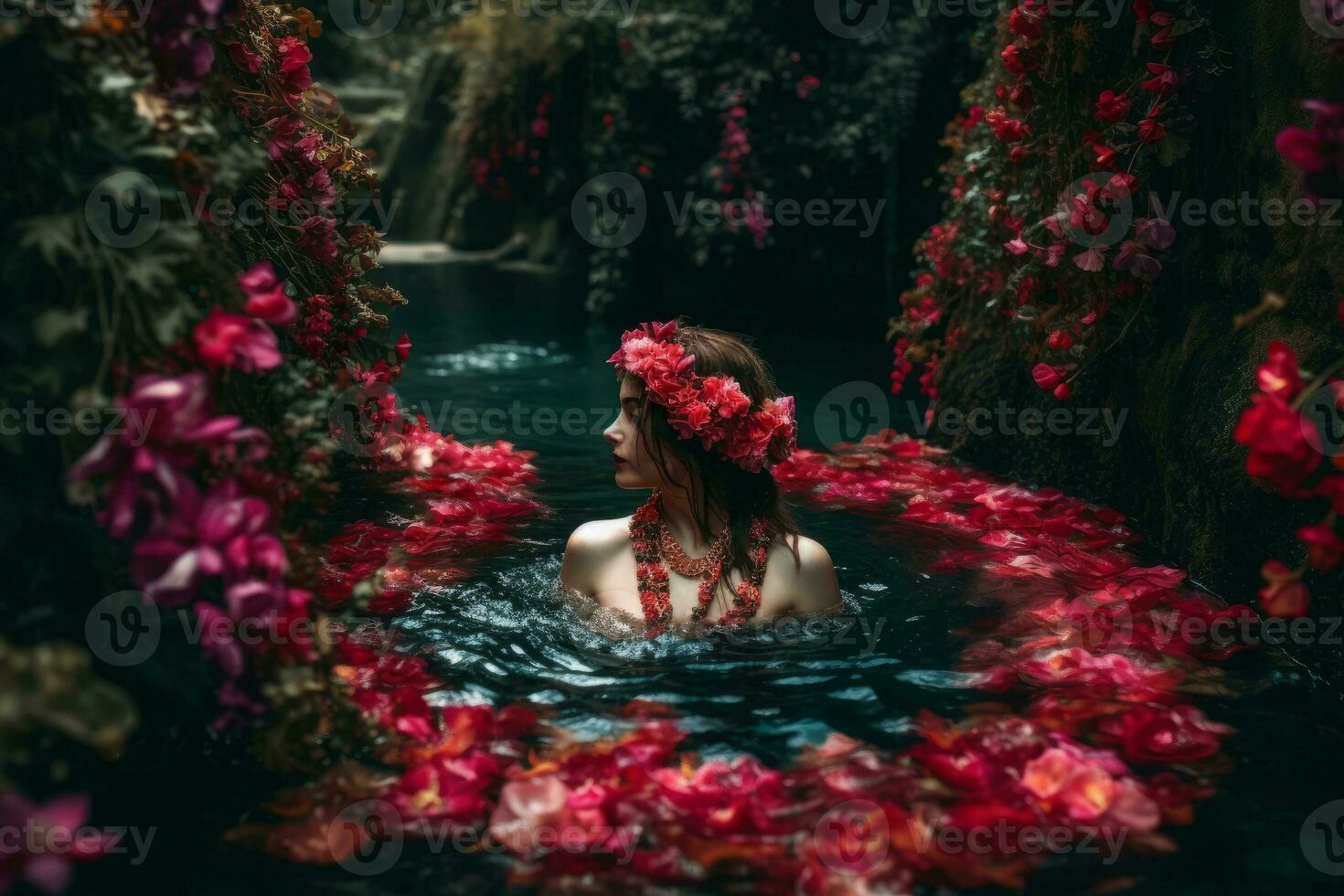 Hibiscus flowers fashioned into a garland necklace nearly obscuring a woman in a waterfall pool, streaming red and pink against verdant greenery. Generative AI photo