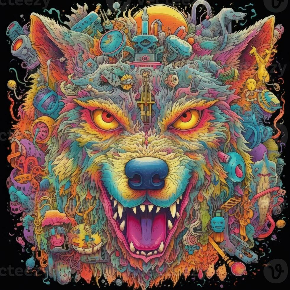 Highly detailed trippy wolf, scary colors, psychedelic. Generative AI photo