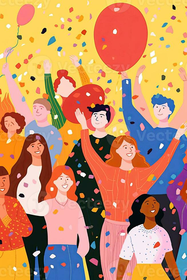 Illustration of a diverse group of people of different genders and sexual orientations coming together for a Pride celebration, with colorful balloons and confetti. Generative AI photo