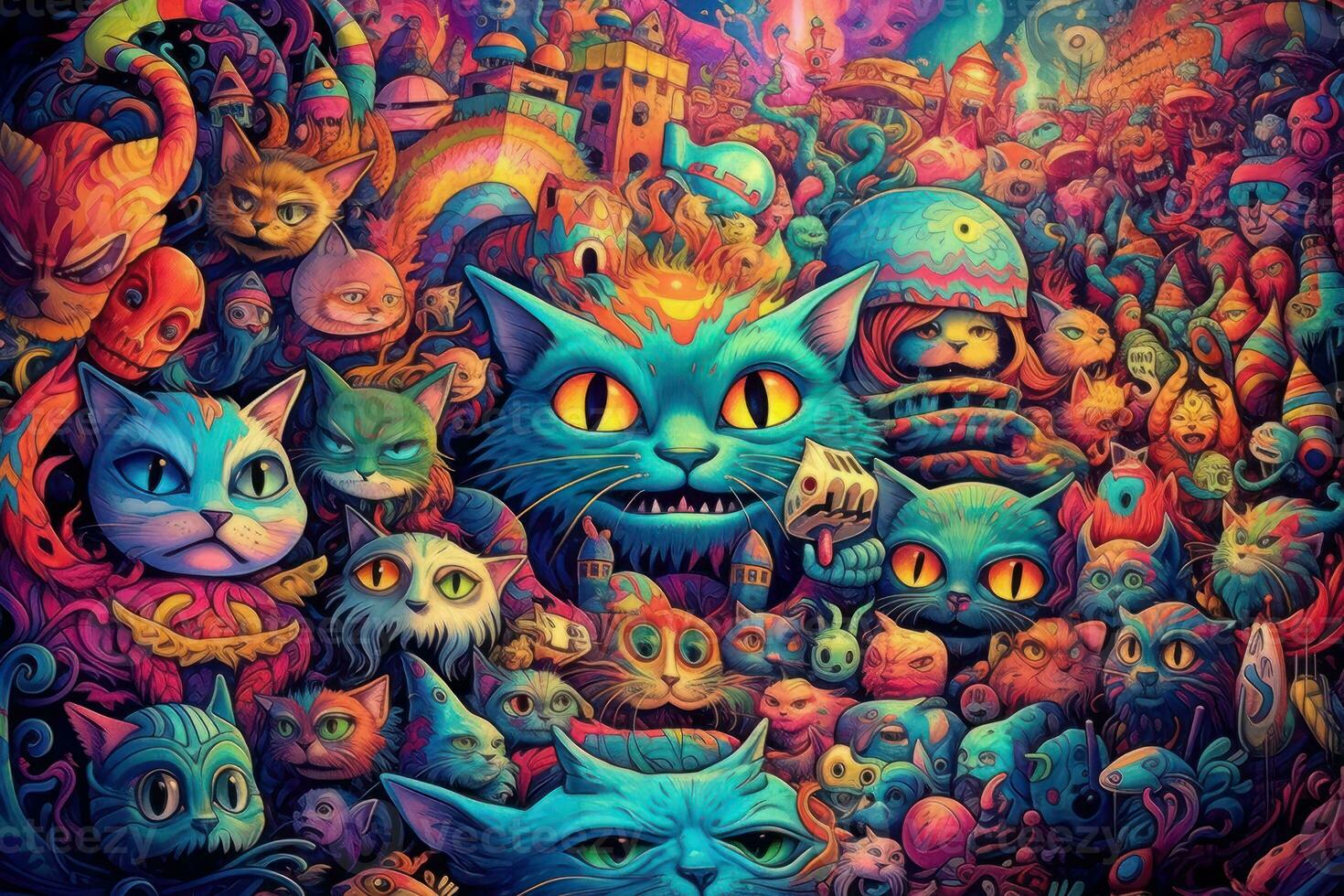 Highly detailed trippy cat, scary colors, psychedelic. Generative AI photo