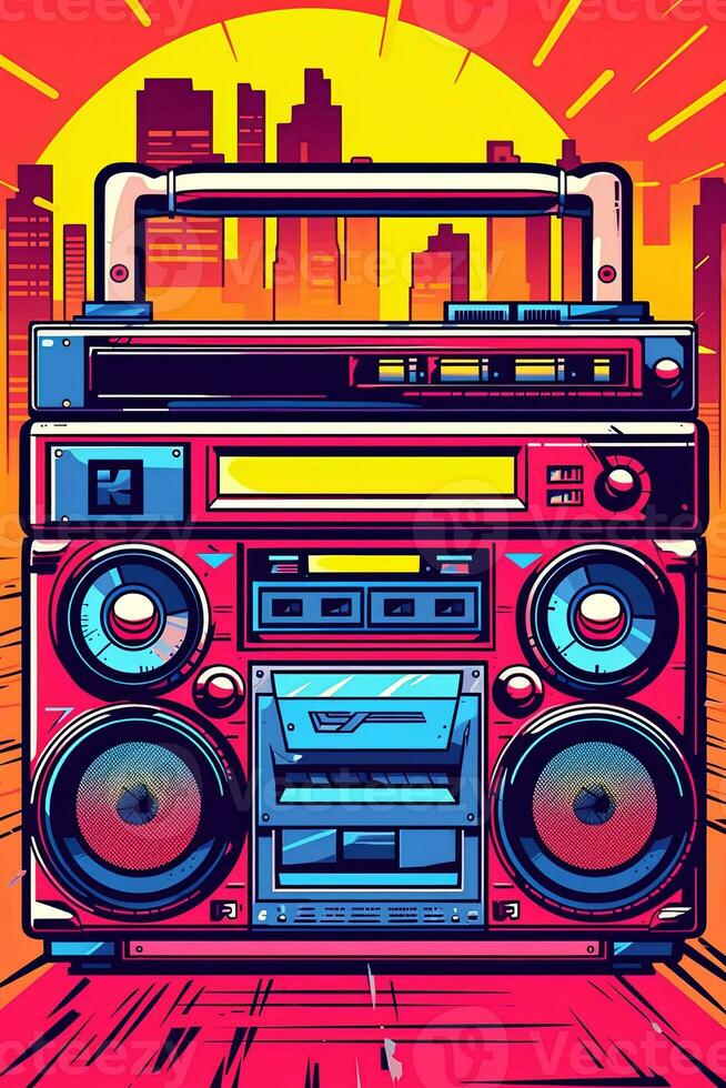 Illustration Old fashioned retro style audio tape recorder, ghetto boombox on a graphical background. Portable stereo. 80s music. Urban style party Generative Ai photo