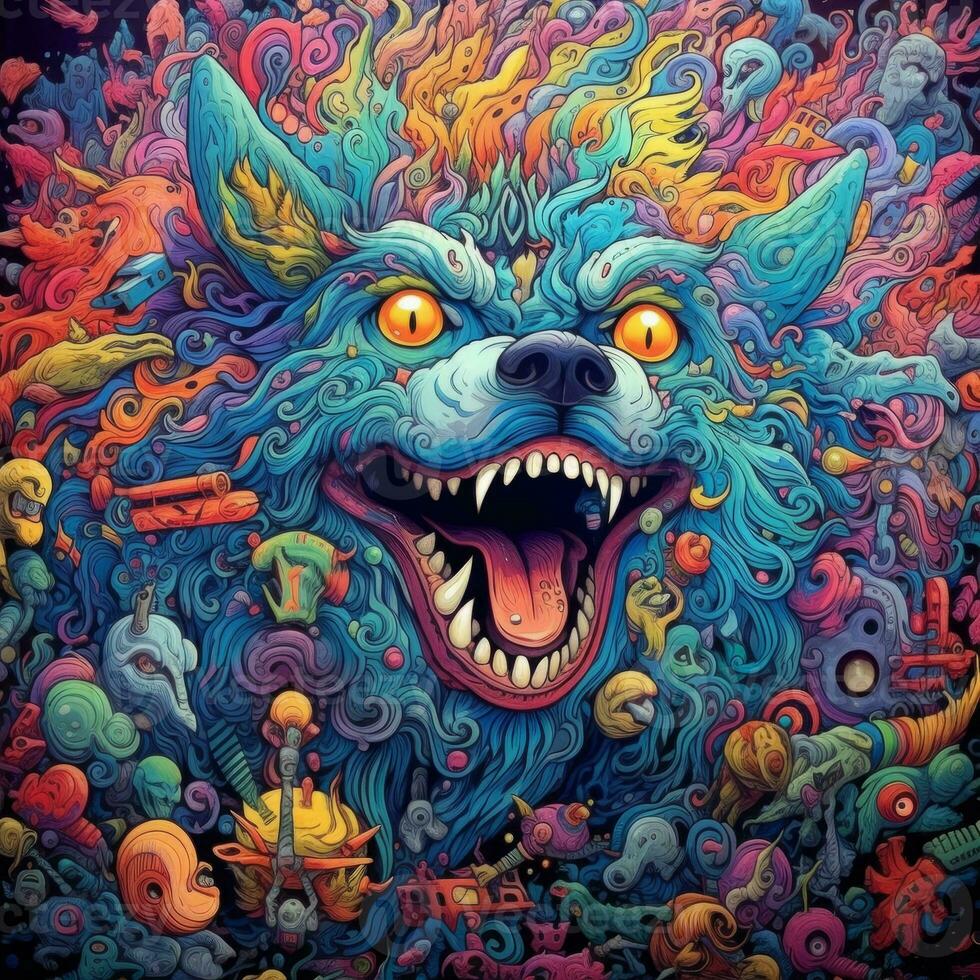 Highly detailed trippy wolf, scary colors, psychedelic. Generative AI photo
