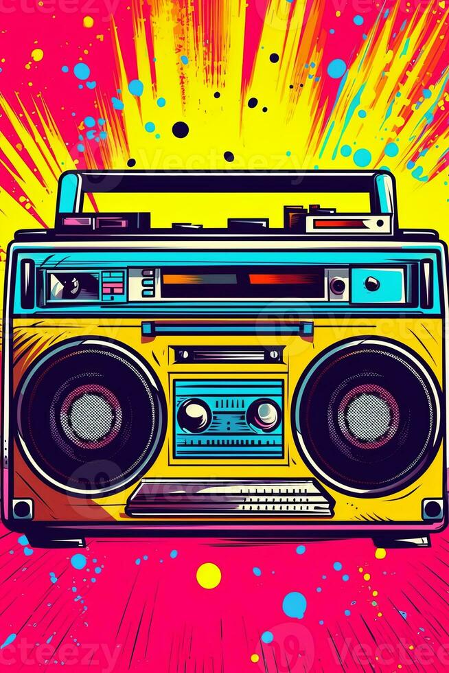 Illustration Old fashioned retro style audio tape recorder, ghetto boombox on a graphical background. Portable stereo. 80s music. Urban style party Generative Ai photo