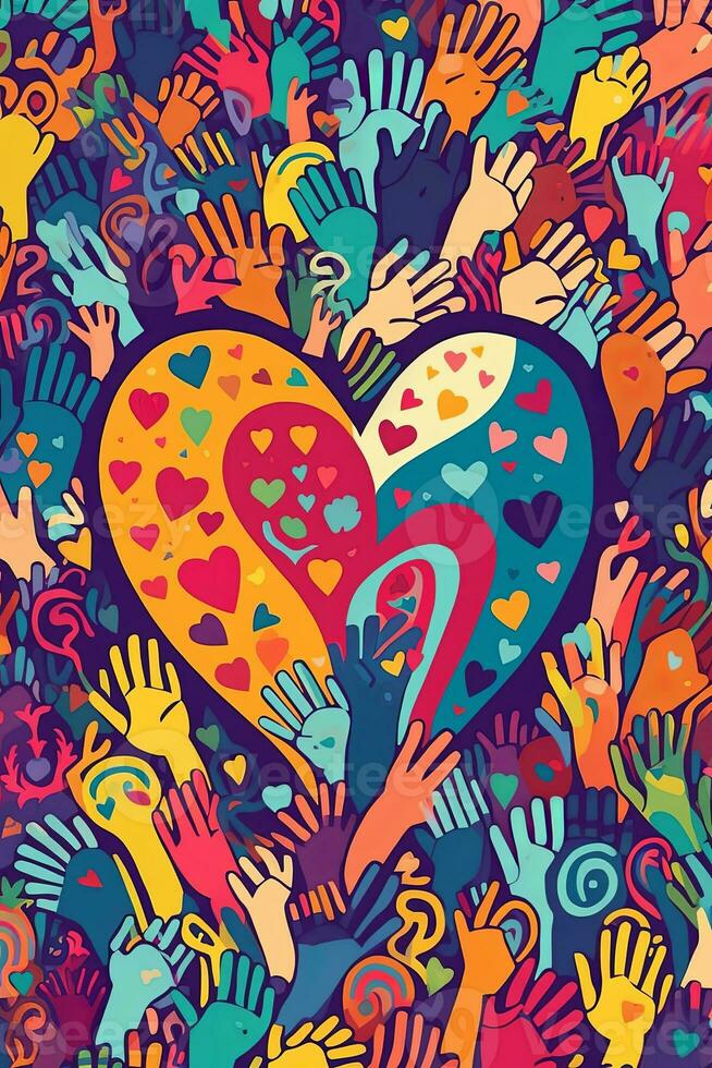 Illustration of hands reaching out and forming a heart shape, filled with vibrant colors and patterns, symbolizing love, unity, and the spirit of Pride. Generative AI photo