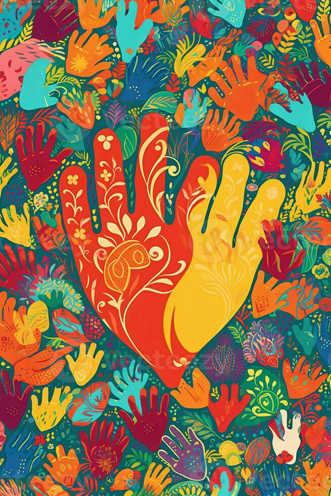 Illustration of hands reaching out and forming a heart shape, filled with vibrant colors and patterns, symbolizing love, unity, and the spirit of Pride. Generative AI photo
