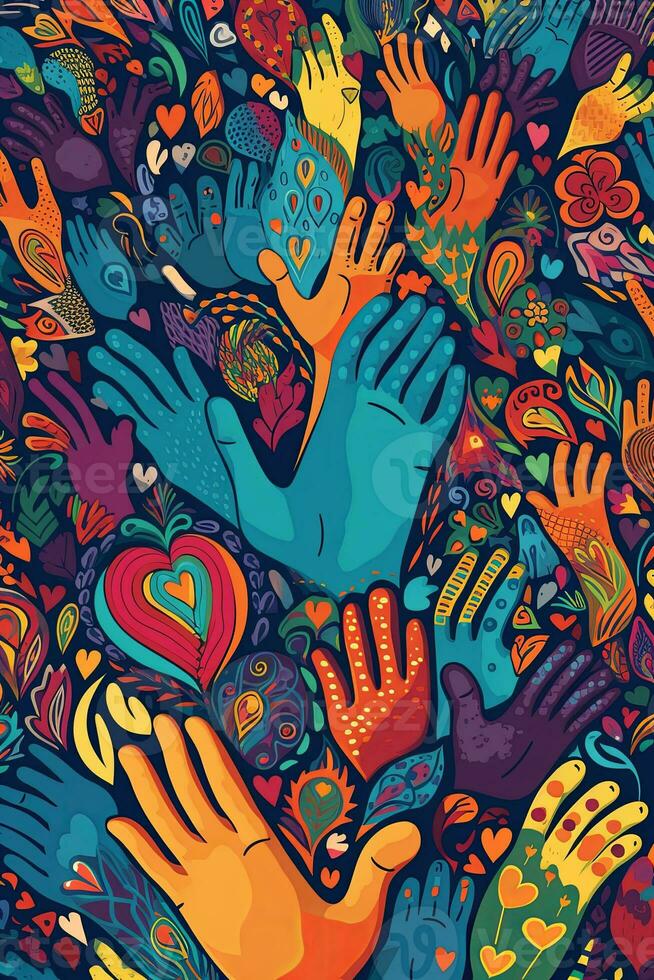 Illustration of hands reaching out and forming a heart shape, filled with vibrant colors and patterns, symbolizing love, unity, and the spirit of Pride. Generative AI photo