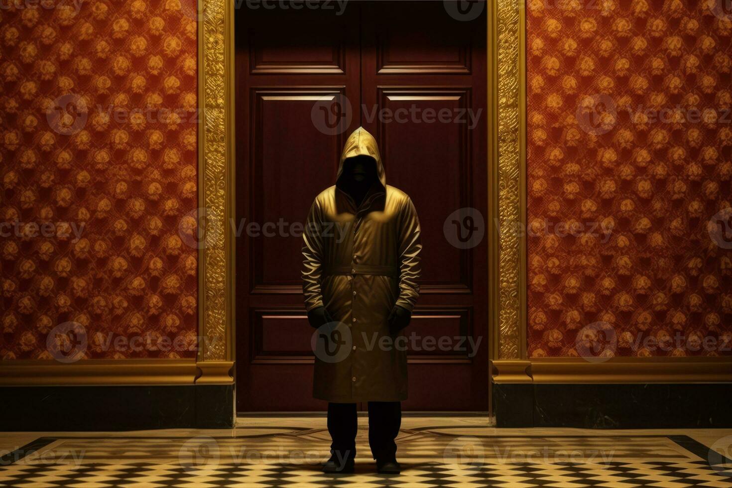 Masked figure standing at the entrance of a secret society, capturing the secrecy and exclusivity. Generative Ai photo