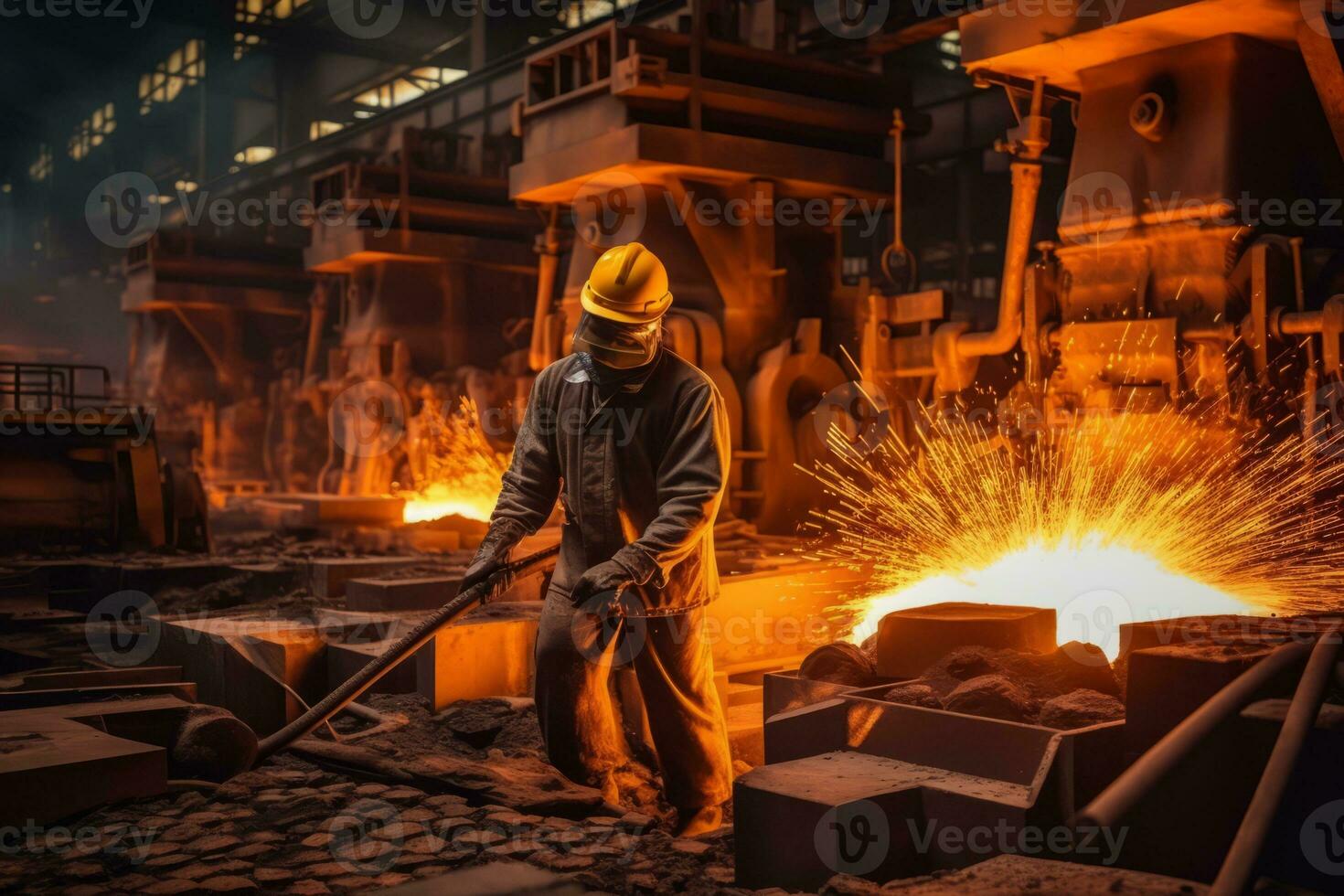 Image of a worker wearing protective gear operating heavy machinery inside the steel mill, showcasing the industrial environment. Generative AI photo