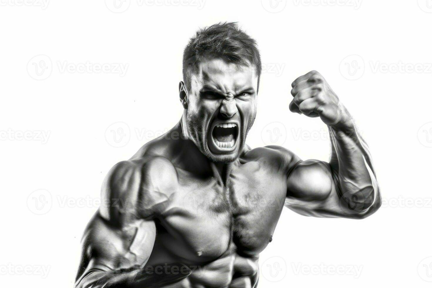 Fierce and powerful man. Muscular man isolated on white background. Concept no limits and motivation. Generative Ai photo