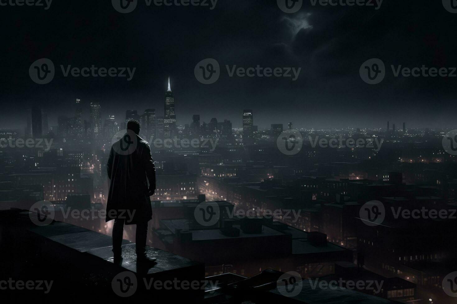 Moody image of a city skyline at night, with dark person hero perched on a rooftop, blending into the shadows as he keeps watch over the city. Generative Ai photo