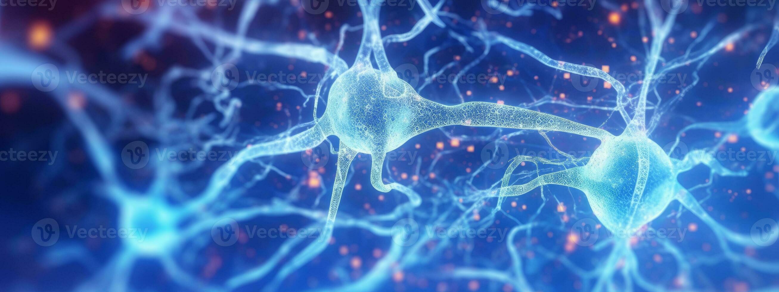 Glowing brain nerve cell. Specialized cell transmitting nerve impulses. System neuron of brain with synapses. Brain medicine biology. Blue color banner. Generative AI photo