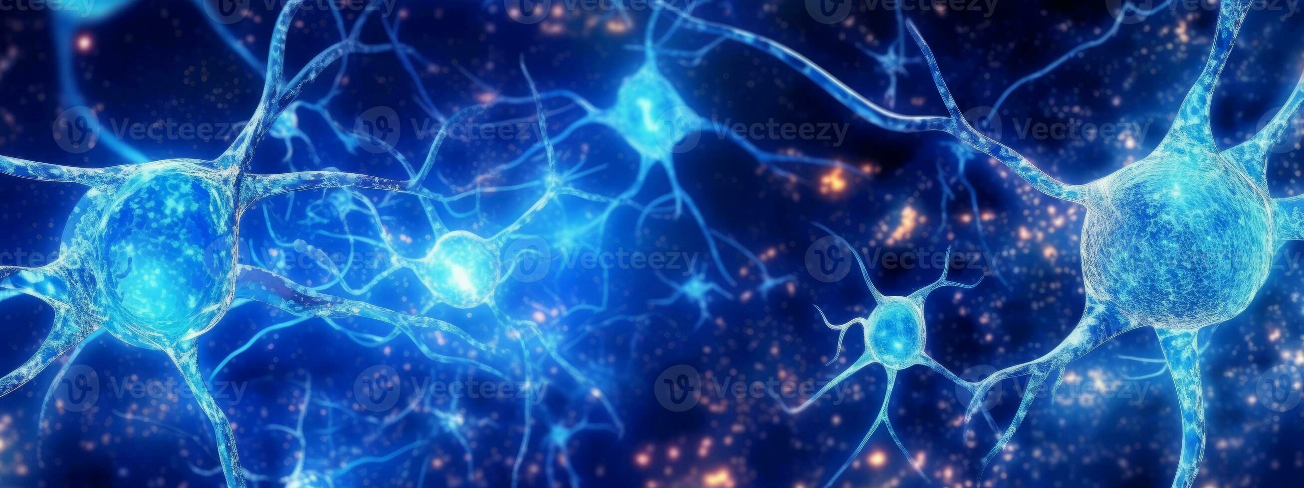Glowing brain nerve cell. Specialized cell transmitting nerve impulses. System neuron of brain with synapses. Brain medicine biology. Blue color banner. Generative AI photo