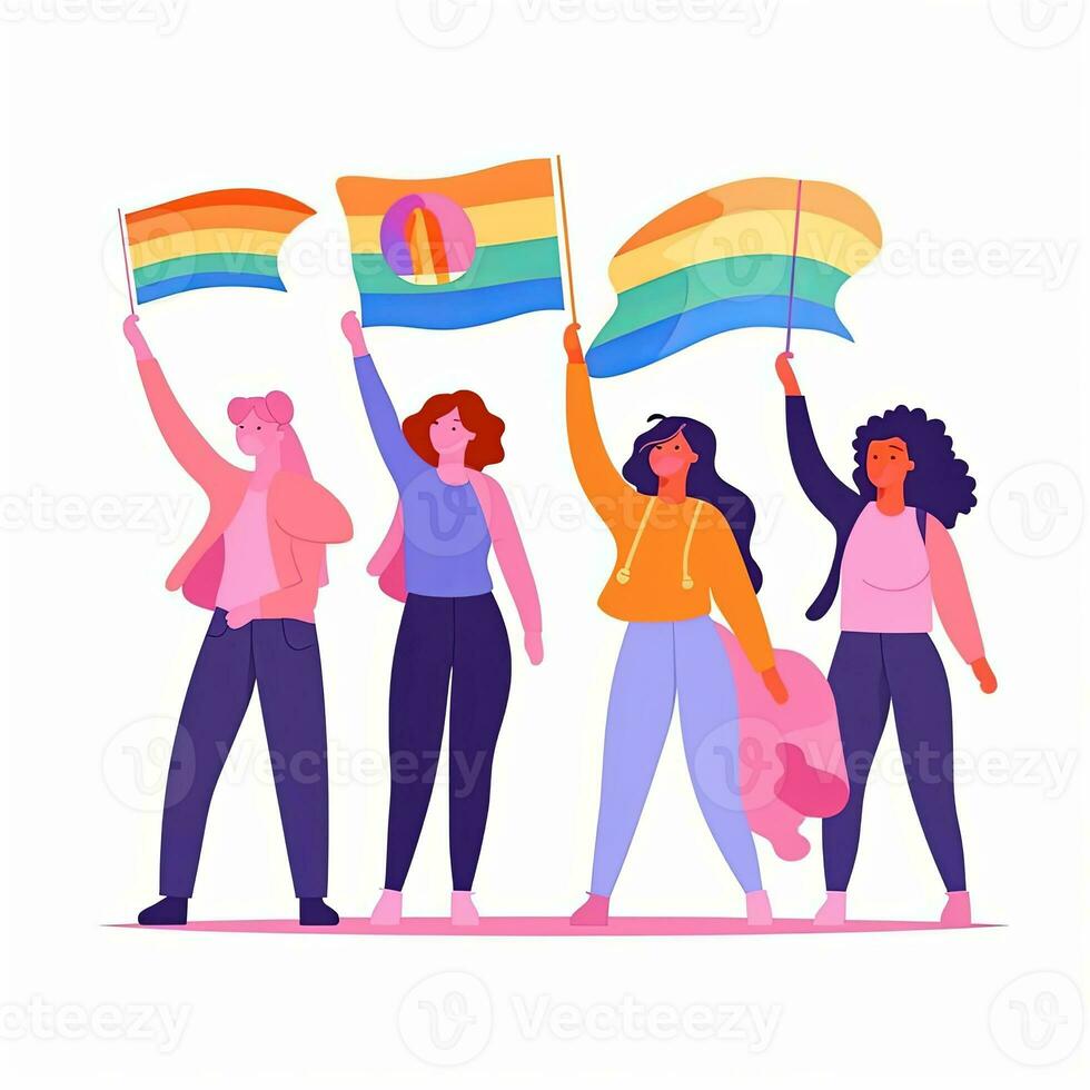 People hold flags and signs of LGBT society support homosexual and transgender community. Person raise hands up on gay parade. Pride month holiday. Vector illustration. Generative AI photo