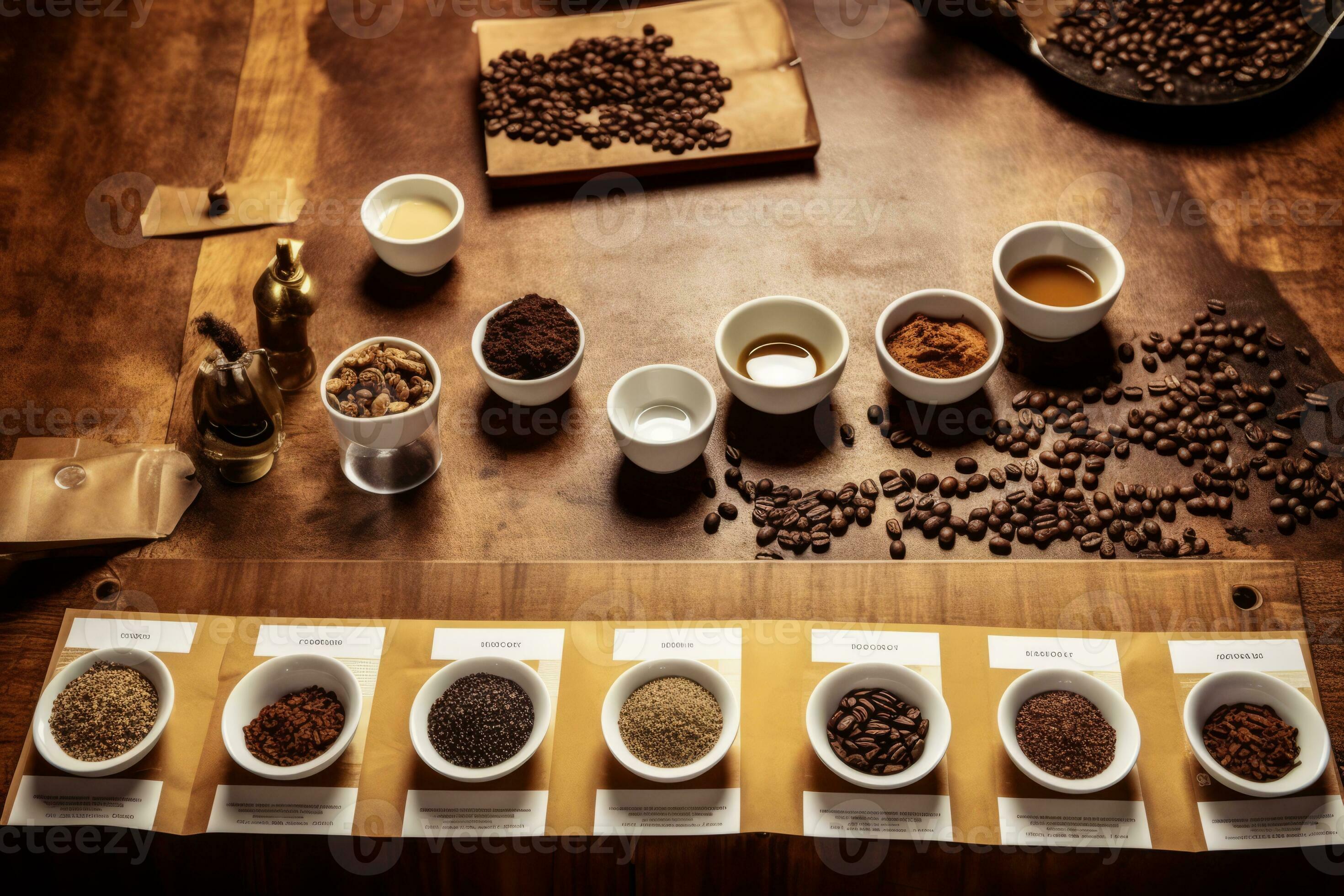 Coffee Tasting Session With Cups Of Coffee Lined Up On A Rustic Wooden coffee-tasting-session-with-cups-of-coffee-lined-up-on-a-rustic-wooden