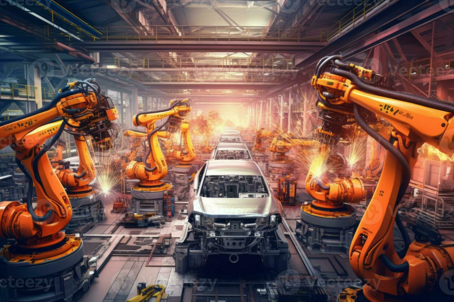 Robotic Arms in Action. Automated welding process. Car Assembly Line Automation and Efficiency. Generative AI photo