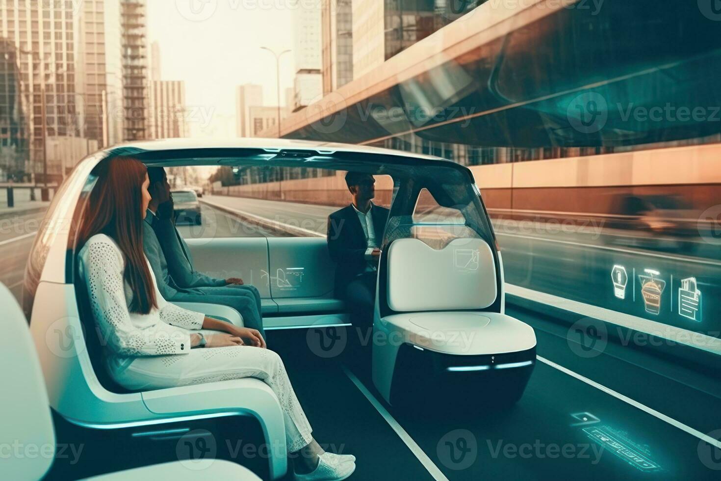 Futuristic self-driving van moving on a highway in a Modern City with Skyscrapers. Beautiful Female and Senior Man are Having a Conversation in a Driverless Autonomous Vehicle. Generative AI photo