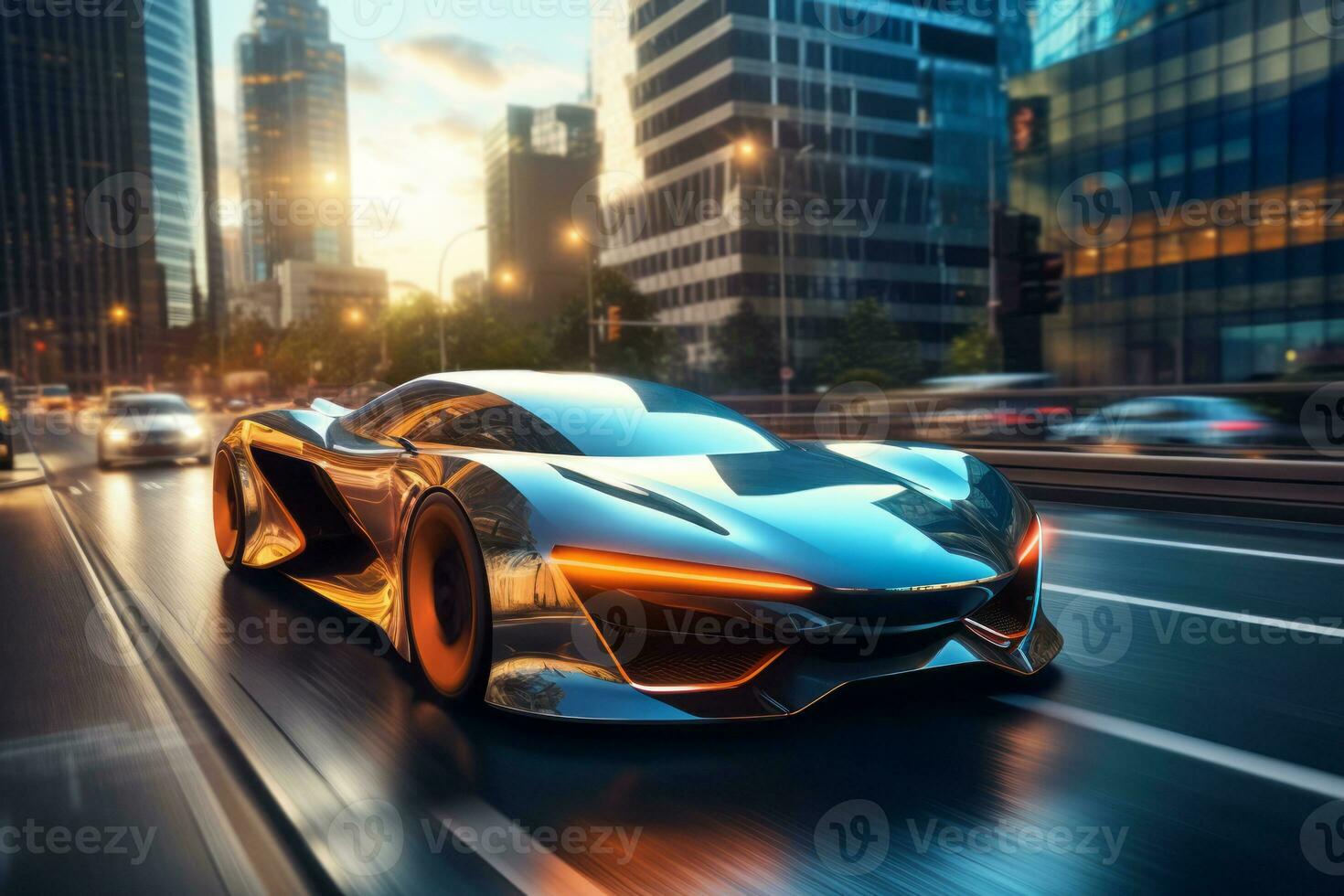 Futuristic Self-Driving sport car moving on a highway in a modern city. Generative AI photo