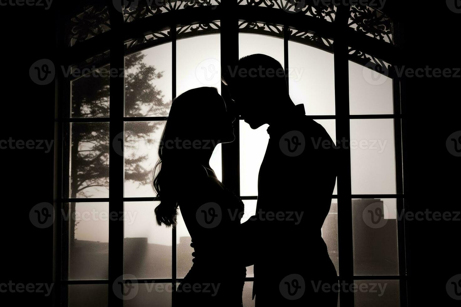 silueta de un Pareja en un íntimo abrazo en contra un ventana, evocando el pasión y prohibido deseos retratado en el historia. generativo ai foto
